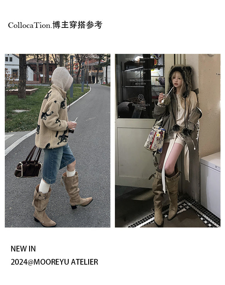 Women's Over The Knee Boots 2025 | Khaki Suede Slimming Heel | Pointed Toe Pleated Stack Boots