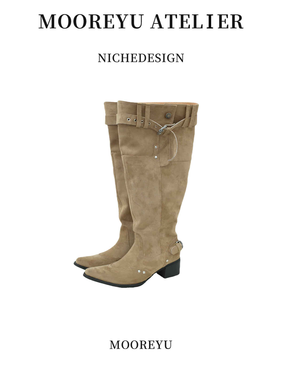 Women's Over The Knee Boots 2025 | Khaki Suede Slimming Heel | Pointed Toe Pleated Stack Boots
