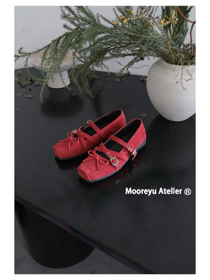Mooreyu Women's Red Bow Ballet Flats 2025 | Genuine Leather | Retro Pointed Toe Flats with Studs