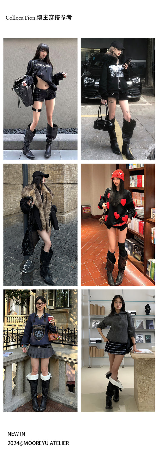 Big walled boots for children in the spring and summer of 2025, made of genuine leather, suitable for girls who can't reach their knees. Long boots with pointed toes, thick heels, and black piled boots for women