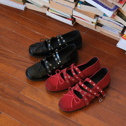 Mooreyu Red Bow Single Shoes for Women, Spring/Summer 2025 Retro Genuine Leather Shallow Mouth Rivet Ballet Flat Shoes for Women