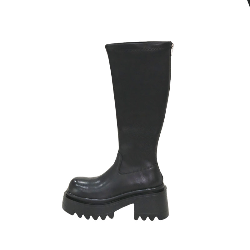 Mooreyu slim knight boots for women, round toe, thick heel, Martin boots with British style, polished retro long boots for women
