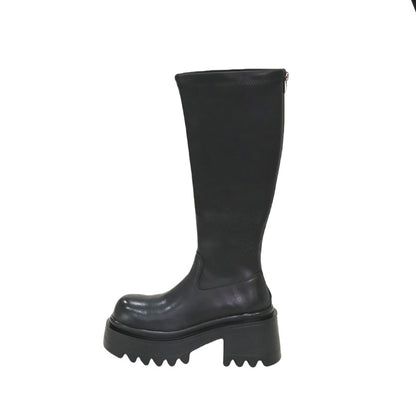 Mooreyu slim knight boots for women, round toe, thick heel, Martin boots with British style, polished retro long boots for women