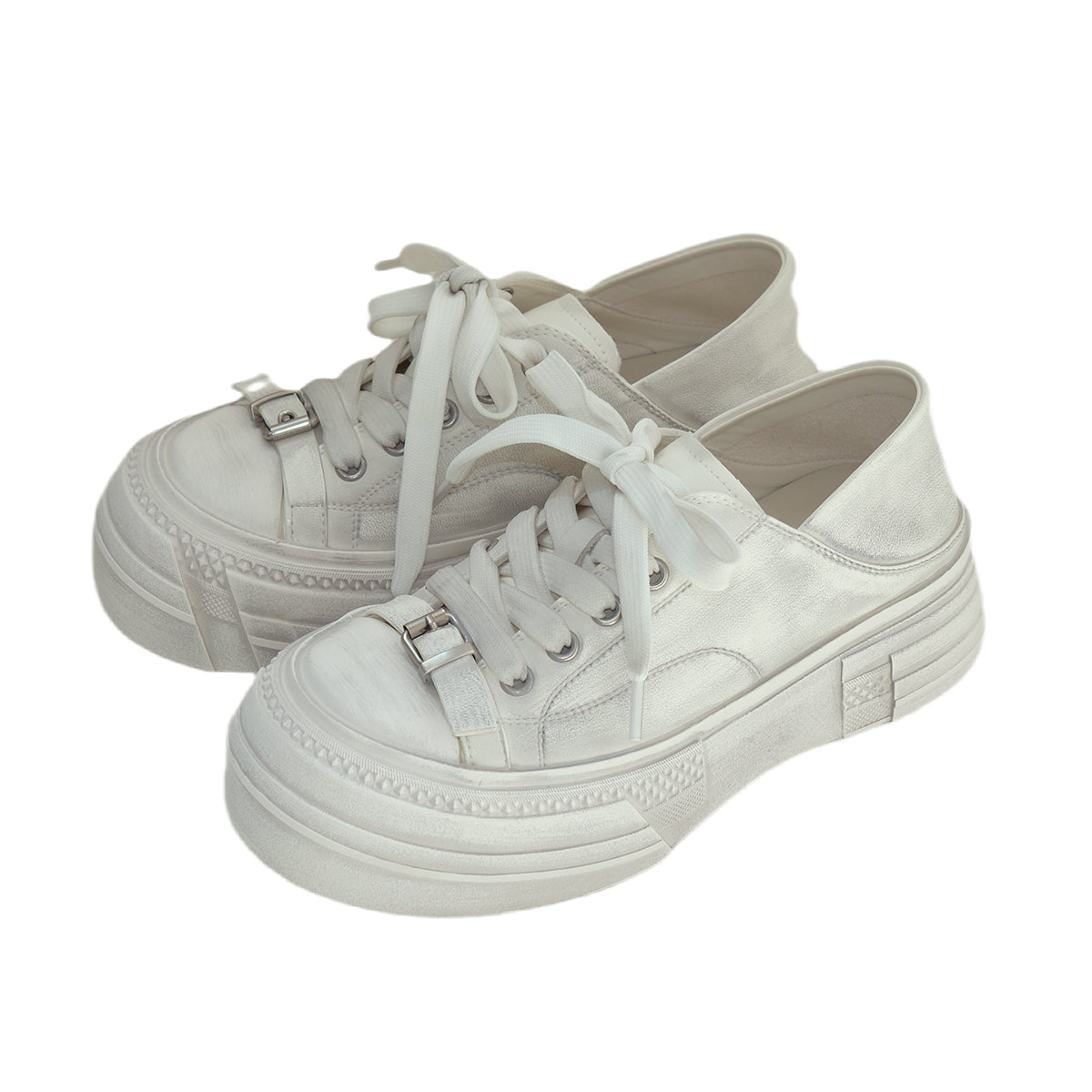 Mooreyu Women's White Platform Sneakers | Genuine Leather Distressed Vintage | Casual Dirty Look Shoes