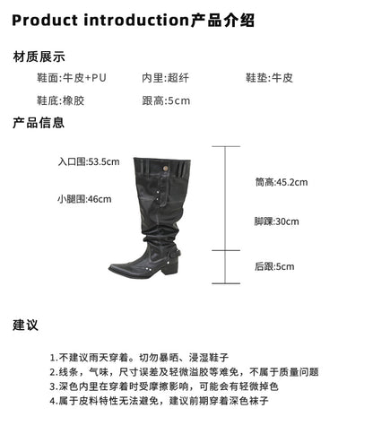 Big walled boots for children in the spring and summer of 2025, made of genuine leather, suitable for girls who can't reach their knees. Long boots with pointed toes, thick heels, and black piled boots for women