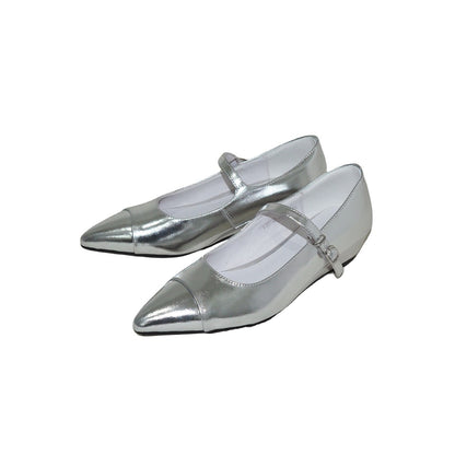 Women's Silver Mary Jane Pumps | Pointed Toe Kitten Heels | Genuine Leather Retro Flats 2025