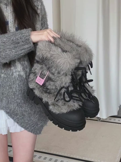 Mooreyu height increasing thick soled snow boots for women 2024 winter new retro fur big toe boots with thick cotton shoes for women