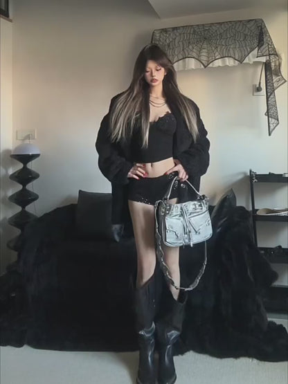 Big walled boots for children in the spring and summer of 2025, made of genuine leather, suitable for girls who can't reach their knees. Long boots with pointed toes, thick heels, and black piled boots for women