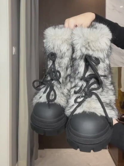 Mooreyu height increasing thick soled snow boots for women 2024 winter new retro fur big toe boots with thick cotton shoes for women