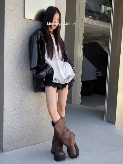 Thick soled boots for women, 2024 autumn and winter new item, knee length boots, short pants boots, women's sponge soled knight boots